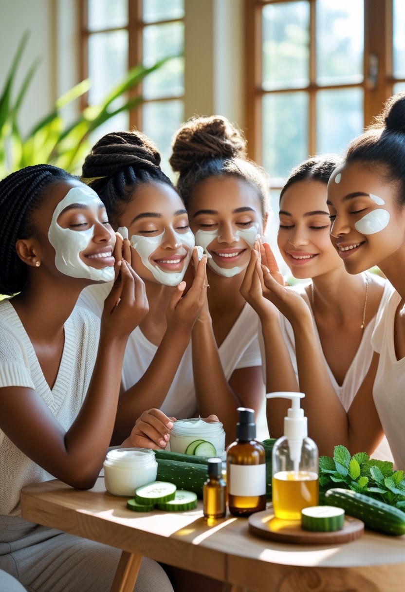 A group of young women with natural skin care products applying facial masks and moisturizing creams together in a sunlit room.